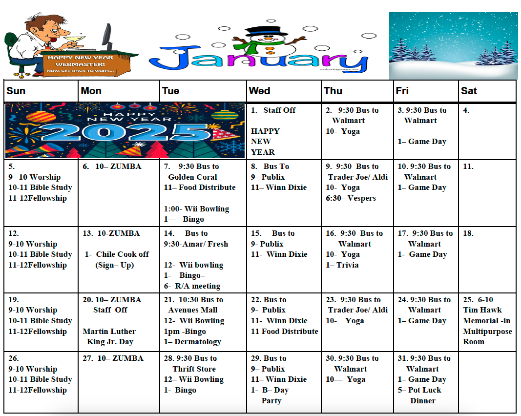 TOJ January activity calendar